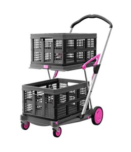 clax® the original | made in germany | multi use functional collapsible carts | mobile folding trolley | storage cart wagon | shopping cart with 2 storage crates (pink)