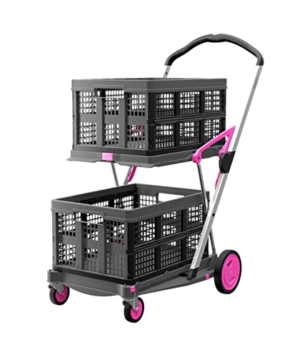 CLAX® The Original | Made in Germany | Multi Use Functional Collapsible Carts | Mobile Folding Trolley | Storage Cart Wagon | Shopping Cart with 2 Storage Crates (Pink)