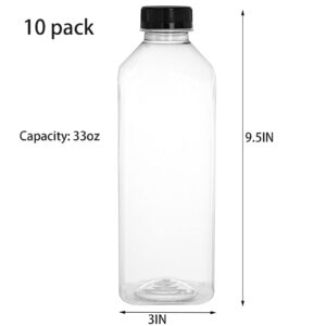 Cedilis 10 Pack 33oz Plastic Juice Bottles with Black Cap, Clear Reusable Containers with Lids, Great Disposable Bottles for Making Juice, Milk, Salad Dressing, Smoothie and Other Beverages