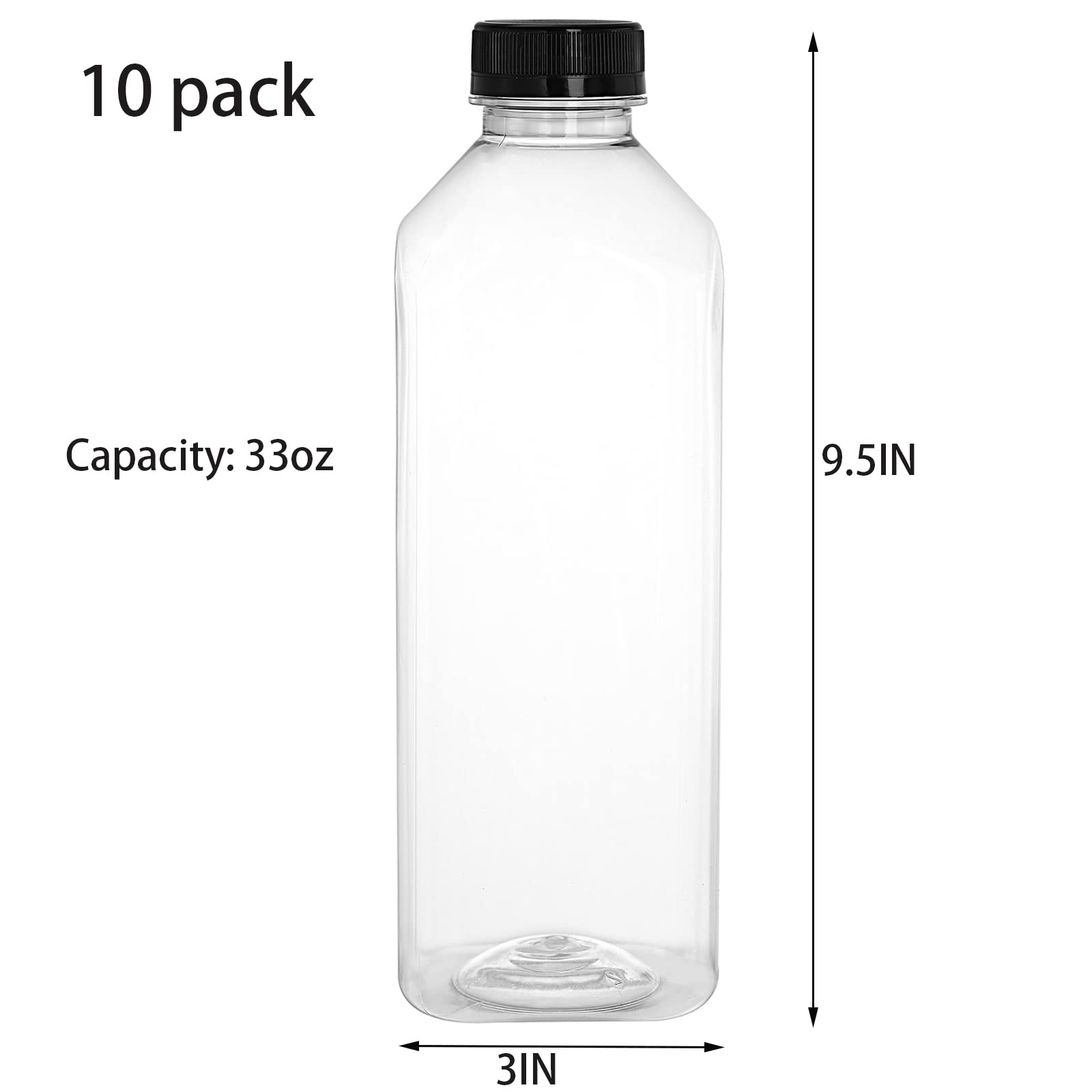 Cedilis 10 Pack 33oz Plastic Juice Bottles with Black Cap, Clear Reusable Containers with Lids, Great Disposable Bottles for Making Juice, Milk, Salad Dressing, Smoothie and Other Beverages