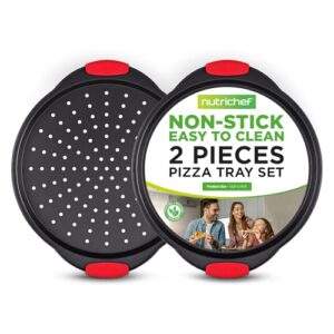 nutrichef 2-piece 13-inch nonstick pizza tray, round carbon steel non-stick pizza baking pan with perforated holes, premium bakeware pizza screen with silicone grip handles, dishwasher safe, ncbpizx2