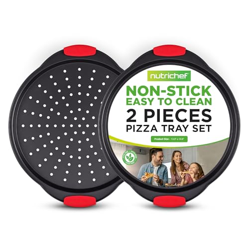 NutriChef 2-Piece 13-Inch Nonstick Pizza Tray, Round Carbon Steel Non-Stick Pizza Baking Pan with Perforated Holes, Premium Bakeware Pizza Screen with Silicone Grip Handles, Dishwasher Safe, NCBPIZX2