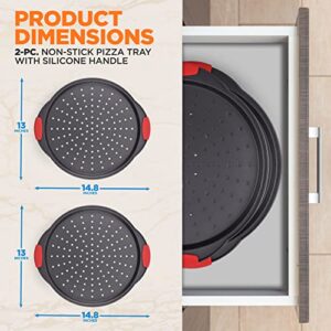 NutriChef 2-Piece 13-Inch Nonstick Pizza Tray, Round Carbon Steel Non-Stick Pizza Baking Pan with Perforated Holes, Premium Bakeware Pizza Screen with Silicone Grip Handles, Dishwasher Safe, NCBPIZX2