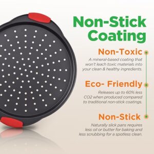 NutriChef 2-Piece 13-Inch Nonstick Pizza Tray, Round Carbon Steel Non-Stick Pizza Baking Pan with Perforated Holes, Premium Bakeware Pizza Screen with Silicone Grip Handles, Dishwasher Safe, NCBPIZX2