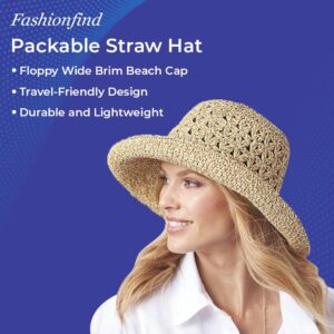 SAGEFINDS Packable Straw Hat for Women | Wide Floppy Brim Beach Cap | Foldable for Travel | Sun Protection | Summer Hat | Adjustable Interior Sizing | Large Khaki