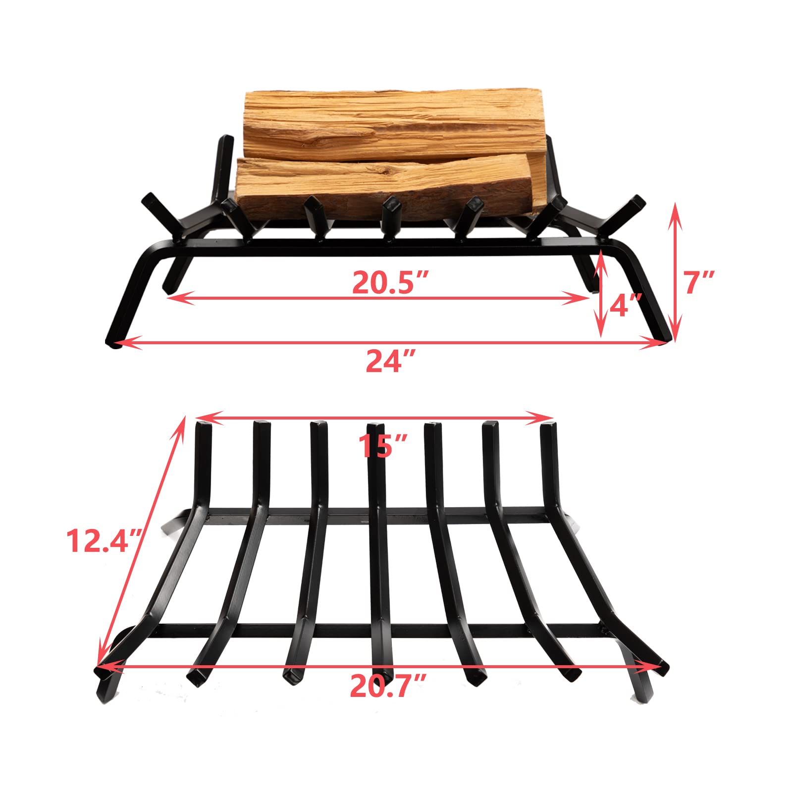 DOEWORKS 24" Fire Grate Heavy Duty Solid Steel Log Grate for Wood Stoves, Fireplaces and Fire Pits