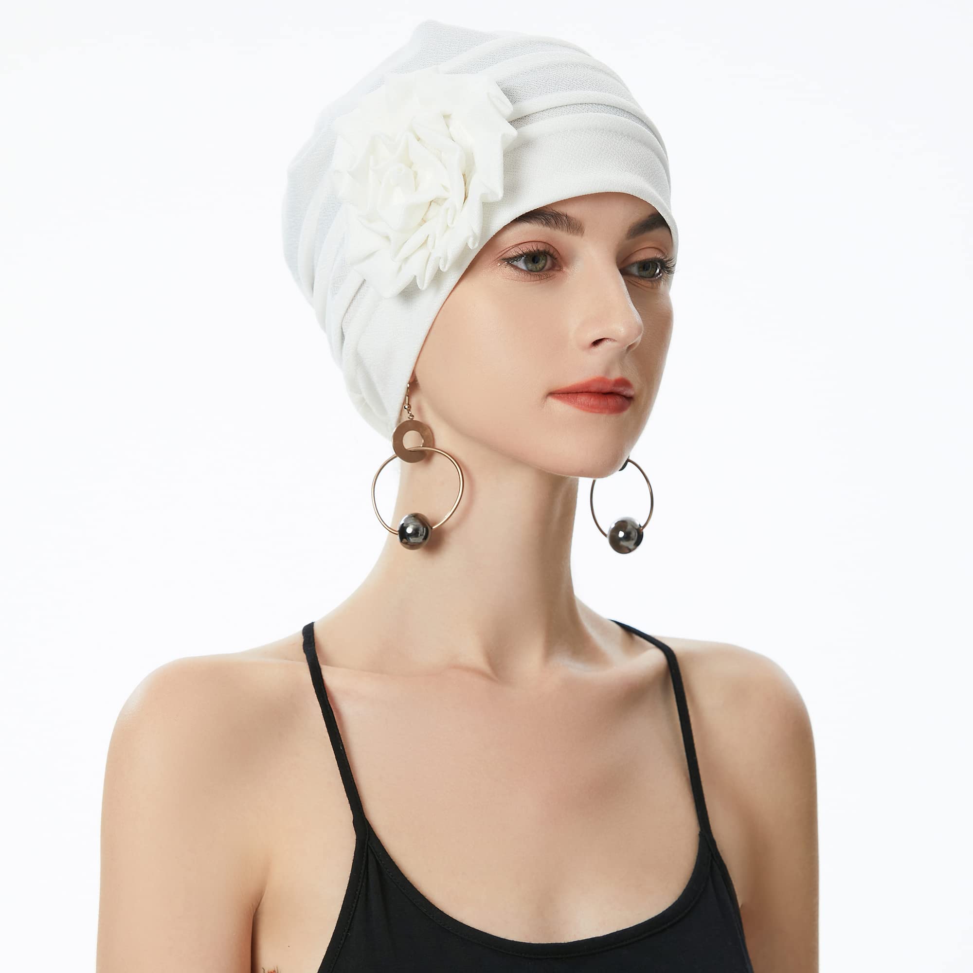 ZLYC Women Turban Beanie Hat with Flower Chemo Headwear Elastic Head Wrap Cap (Floral White)