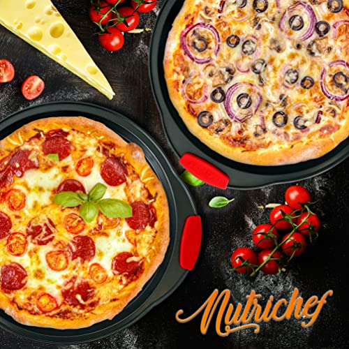 NutriChef 2-Piece 13-Inch Nonstick Pizza Tray, Round Carbon Steel Non-Stick Pizza Baking Pan with Perforated Holes, Premium Bakeware Pizza Screen with Silicone Grip Handles, Dishwasher Safe, NCBPIZX2