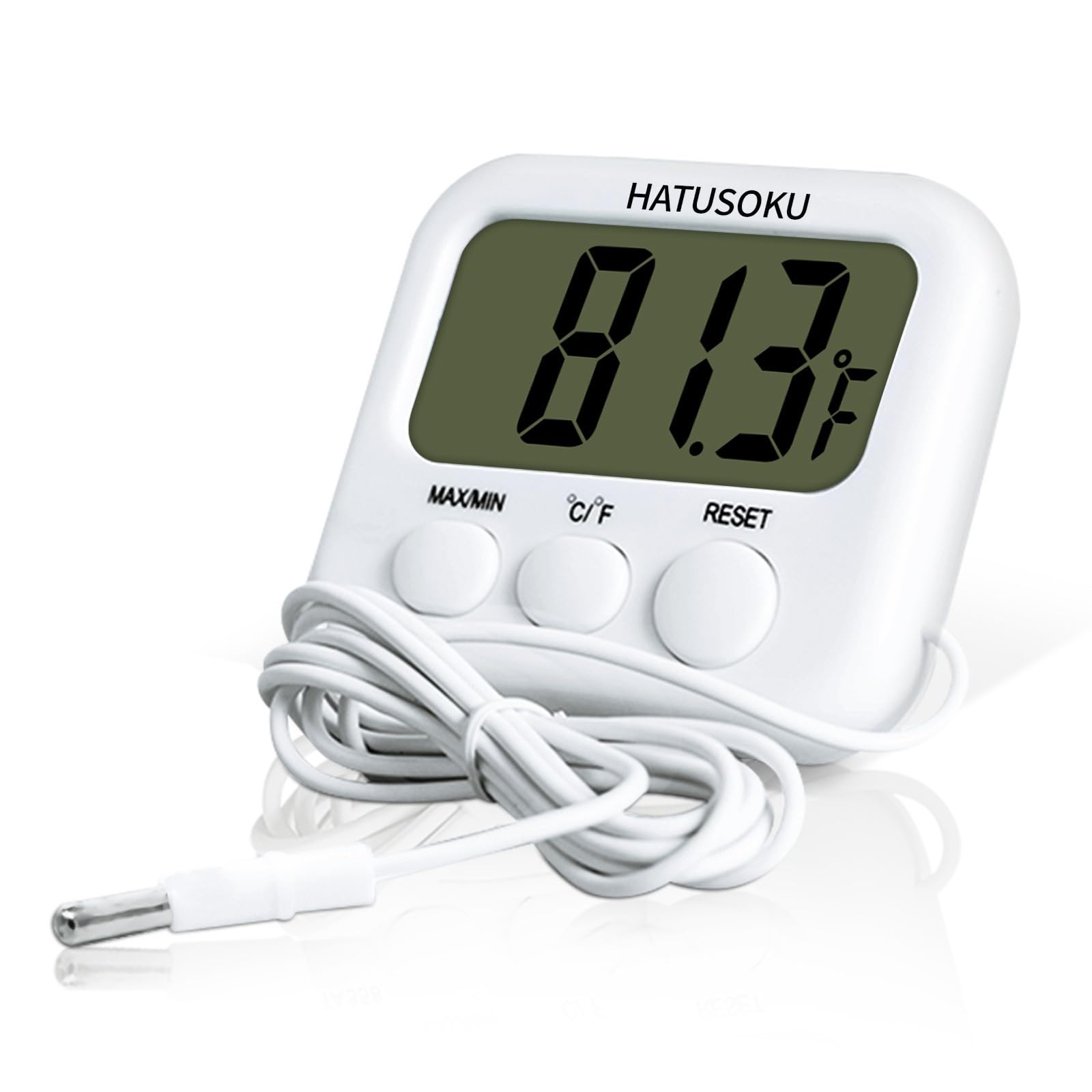 HATUSOKU Digital Thermometer with External Sensor, Magnet, Suction Cup, Water Thermometer, Aquarium, Refrigerator, Freezer (White)