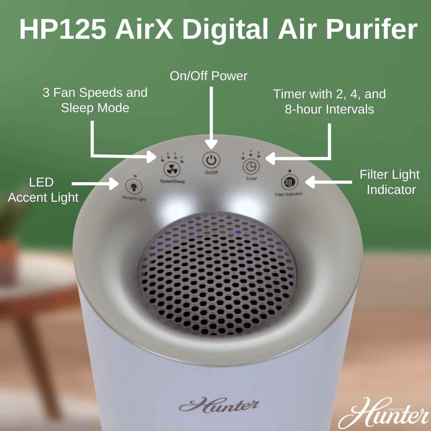 Hunter HP125 True HEPA Digital Air Purifiers for Home, Cleans 451 sq ft per hour. Small Bedroom Air Purifier. Removes Odors, Allergens, Smoke, Dust, Mold, VOCs. White