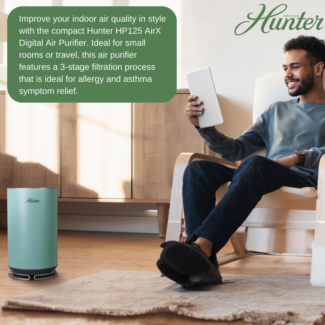 Hunter HP125 True HEPA Digital Air Purifiers for Home, Cleans 451 sq ft per hour. Small Bedroom Air Purifier. Removes Odors, Allergens, Smoke, Dust, Mold, VOCs. White