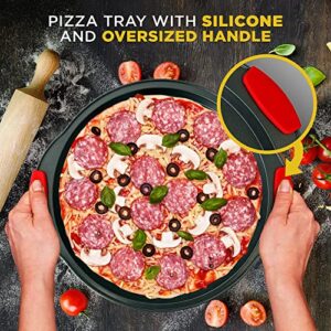 NutriChef 2-Piece 13-Inch Nonstick Pizza Tray, Round Carbon Steel Non-Stick Pizza Baking Pan with Perforated Holes, Premium Bakeware Pizza Screen with Silicone Grip Handles, Dishwasher Safe, NCBPIZX2