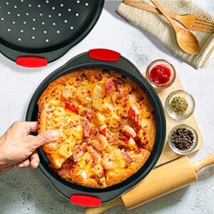 NutriChef 2-Piece 13-Inch Nonstick Pizza Tray, Round Carbon Steel Non-Stick Pizza Baking Pan with Perforated Holes, Premium Bakeware Pizza Screen with Silicone Grip Handles, Dishwasher Safe, NCBPIZX2