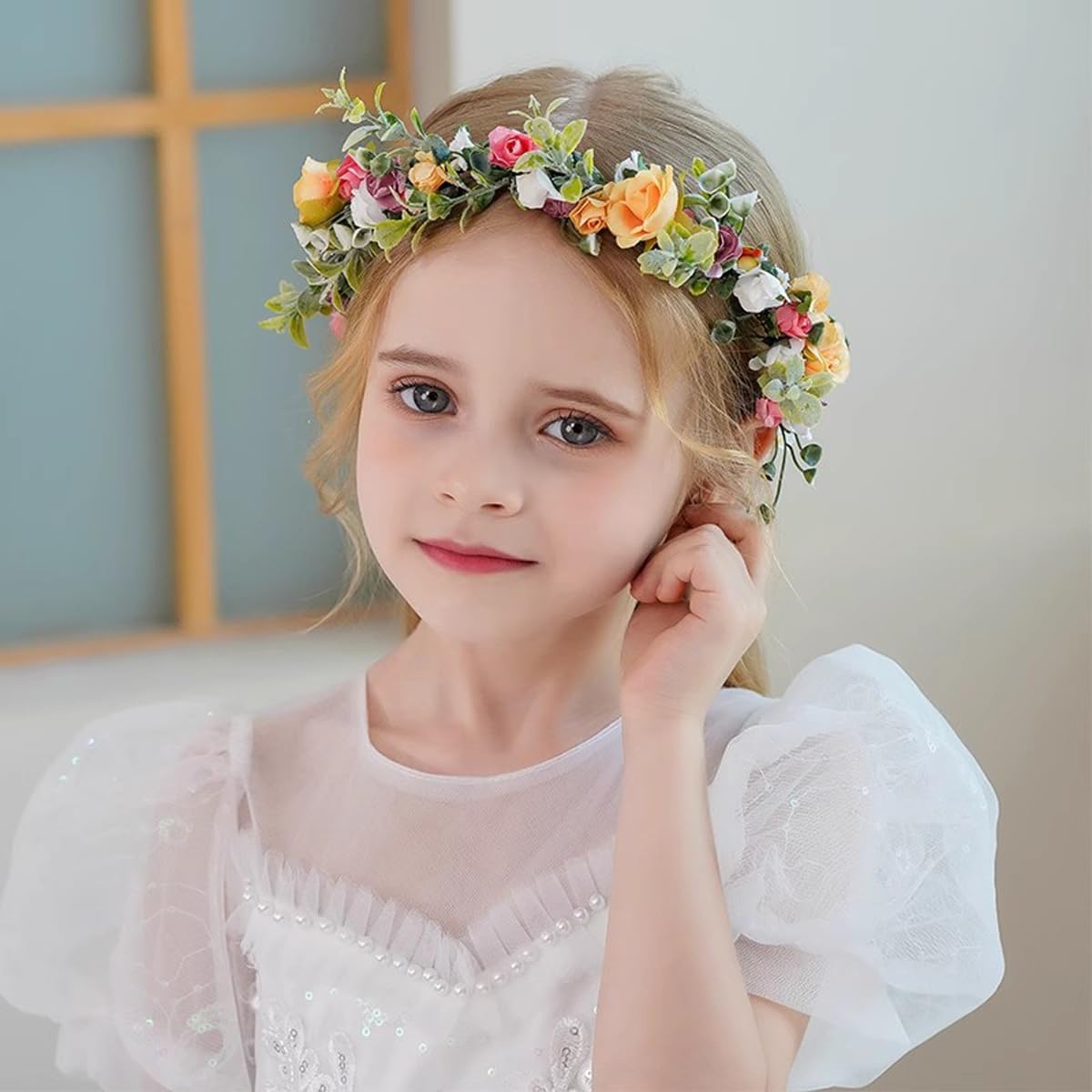 Love Sweety Greenery Flower Headband BOHO Leaf Hair Wreath Bridal Wedding Headpiece Maternity Floral Crown(White Pink Orange)