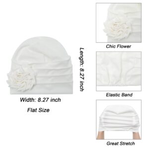 ZLYC Women Turban Beanie Hat with Flower Chemo Headwear Elastic Head Wrap Cap (Floral White)