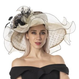 women's organza church hat bridal tea party wedding tea party sun hat with detachable hat flower as headgear beige