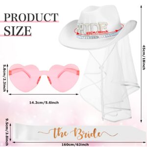 Janmercy The Bride White Cowgirl Hat with Veil Bachelorette Party White Satin Sash Rimless Heart Shape Sunglasses Wedding Party Supplies