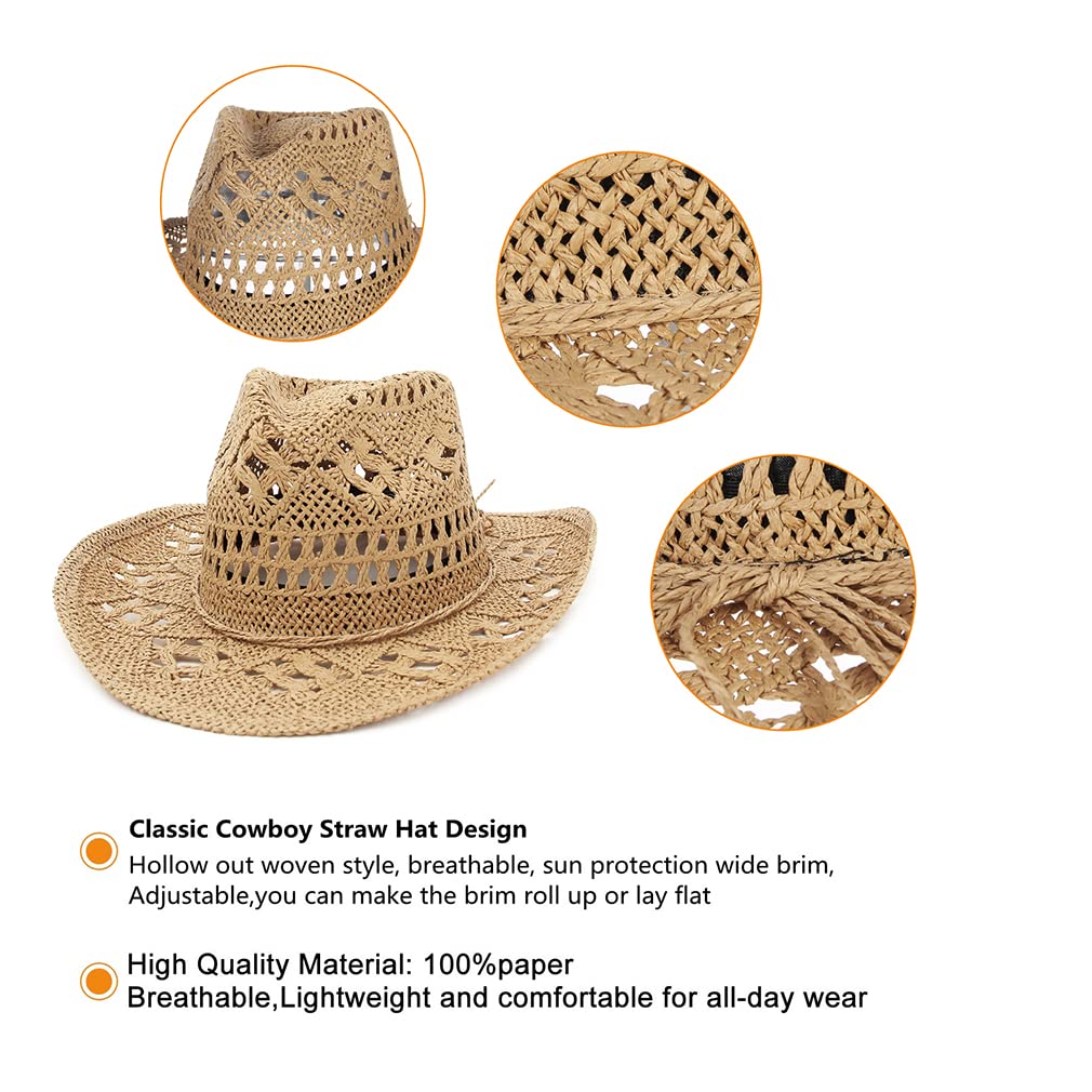 GEMVIE Men & Women's Summer Cowboy Cowgirl Straw Hat Hollow Out Style Roll Up Brim Cowboy Sun Hat Coffee