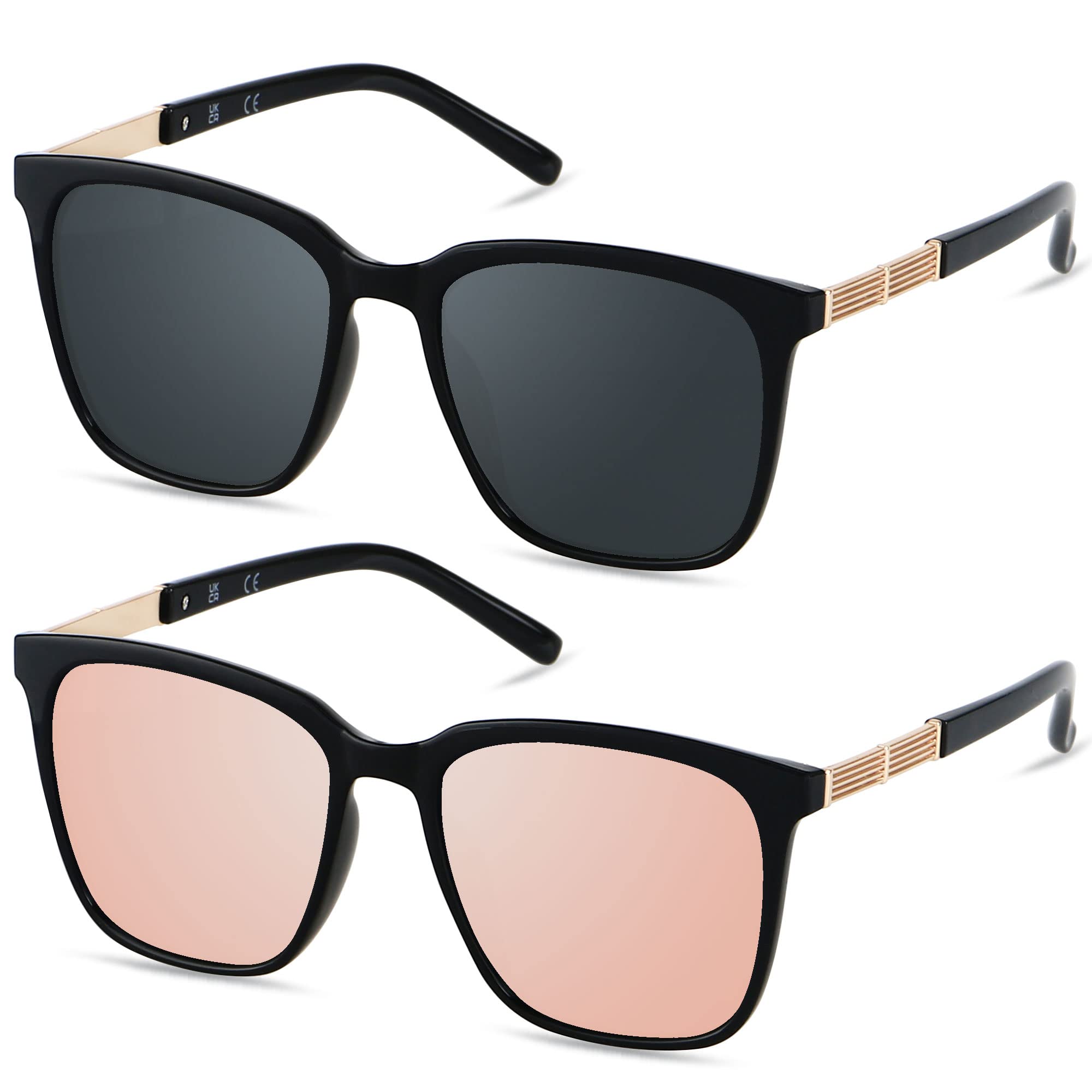 LYZOIT Oversized Sunglasses for Women Mirrored Big Large Shades 2 Pack Fashion Square Frame Sun glasses UV Protection Black Rose Gold