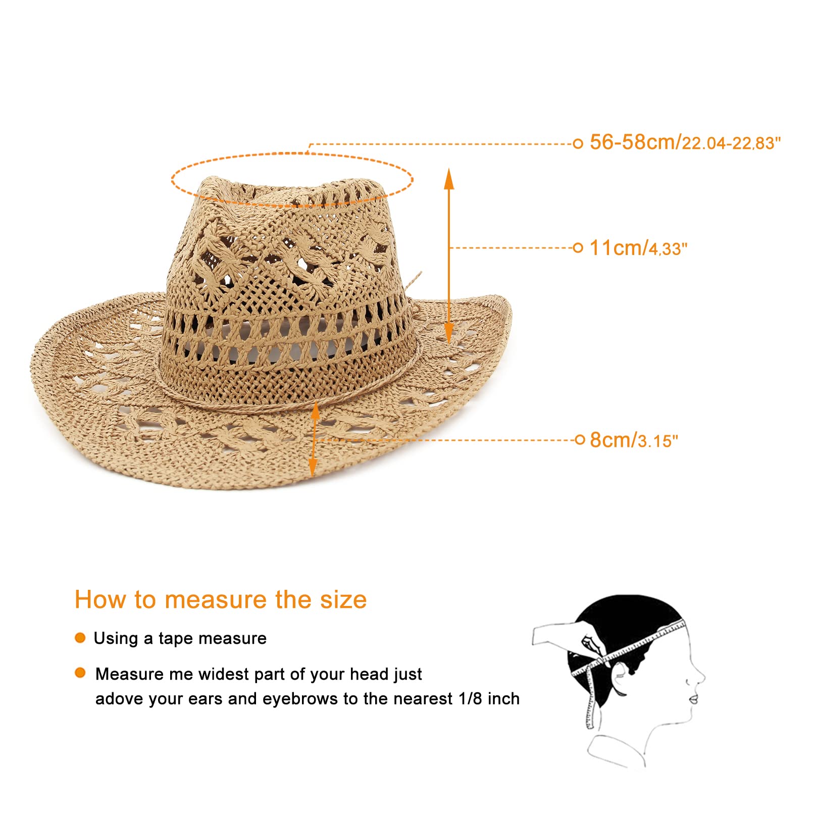 GEMVIE Men & Women's Summer Cowboy Cowgirl Straw Hat Hollow Out Style Roll Up Brim Cowboy Sun Hat Coffee