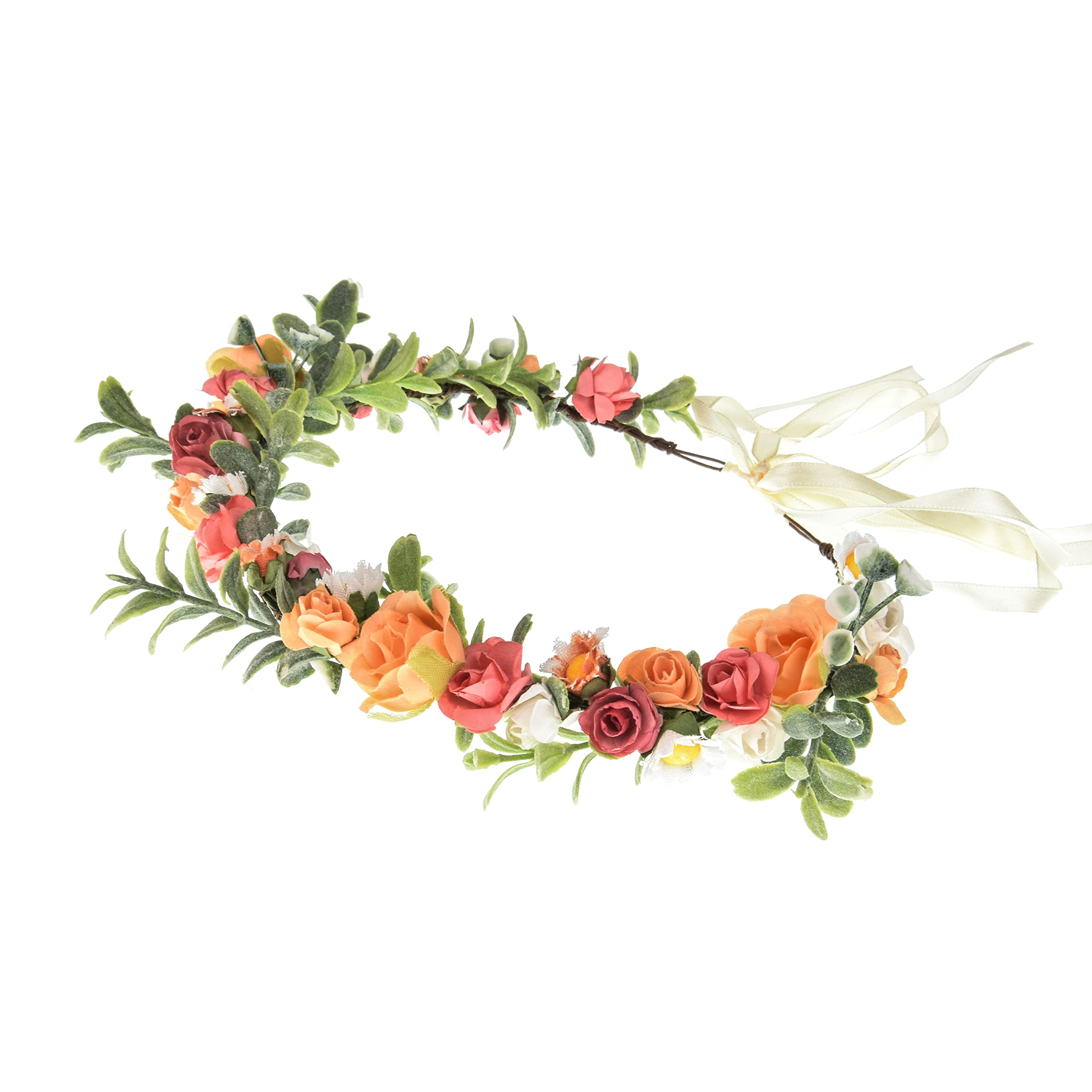 Love Sweety Greenery Flower Headband BOHO Leaf Hair Wreath Bridal Wedding Headpiece Maternity Floral Crown(White Pink Orange)