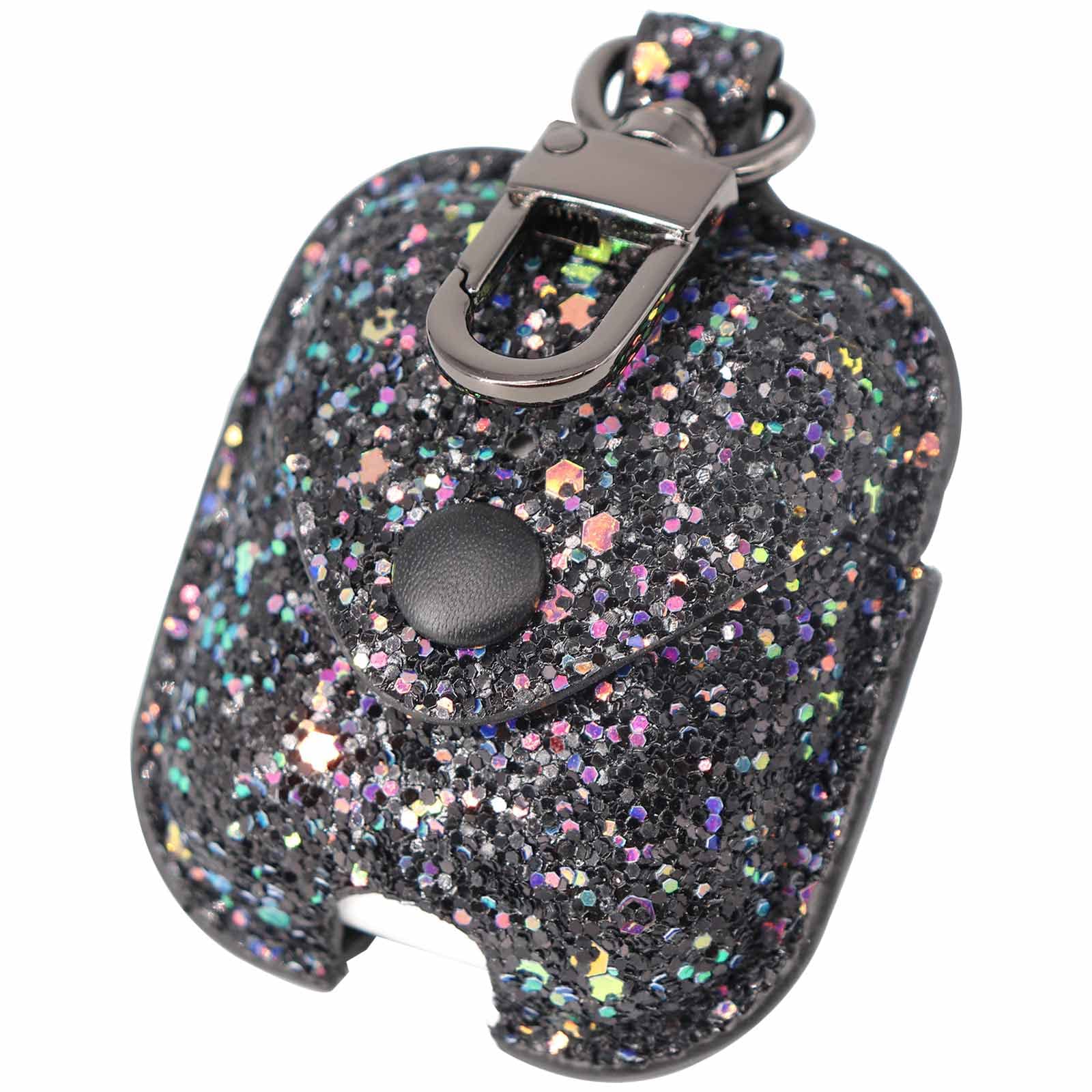 ONGHSD Bling Shiny PU Leather Carrying Case for AirPods 1 & 2 Charging Case Cover Women Girls Protective Case Glitter with Sequins Pocket Pouch for AirPods 1st 2nd Generation Case (Black)