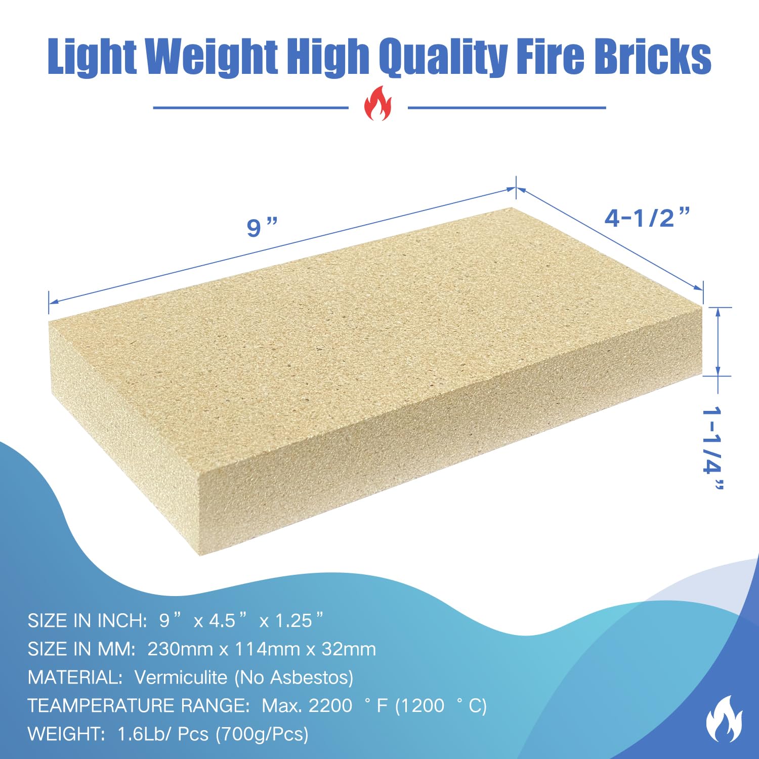 Woodstove Firebricks, Upgrade Fire Bricks Replacement for US Stove FBP6, Size 9" x 4-1/2" x 1-1/4", 6-Pack