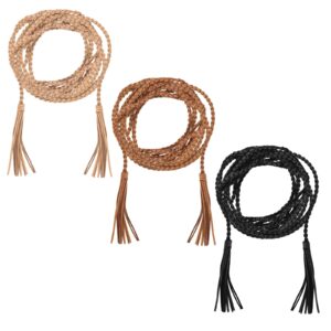 Yolev 3 Pieces Skinny Tassel Belts for Women Dresses Braided Waist Belt Woven Tassel Chain Belt Rope Belt for Skirt Dress