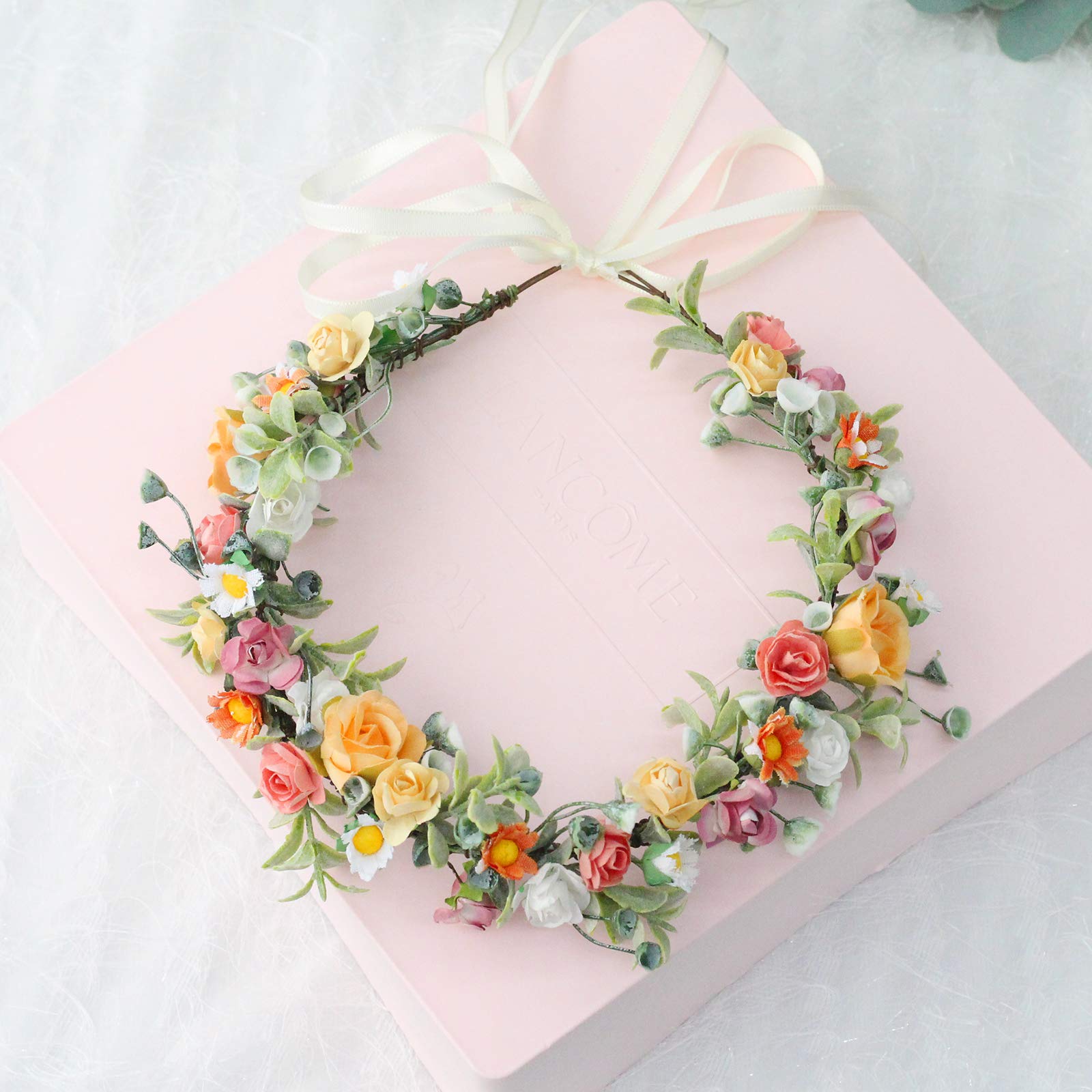 Love Sweety Greenery Flower Headband BOHO Leaf Hair Wreath Bridal Wedding Headpiece Maternity Floral Crown(White Pink Orange)