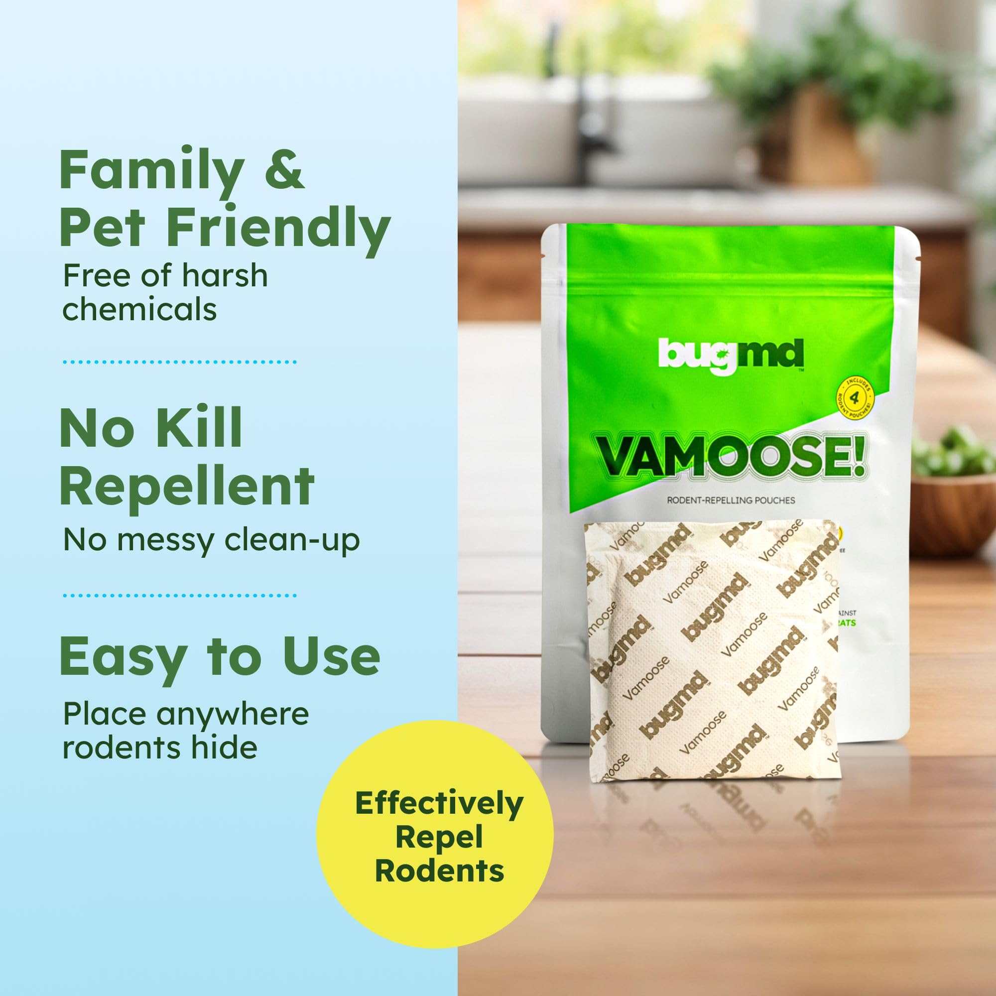 BugMD Vamoose Rodent Repellent Pouches (1 Pack, 4 Pouches) – Plant-Powered Rat Repellent, Mouse Deterrent, Indoor & Outdoor Mice Repellent, Best Mouse Repellent, Natural Rat & Mouse Repellent