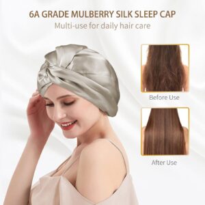 OLESILK Silk Bonnet for Sleeping Women: 100% Mulberry 22 Momme Silk, Adjustable Fit for Night Hair Care, No Frizz for Curls, Light Coffee