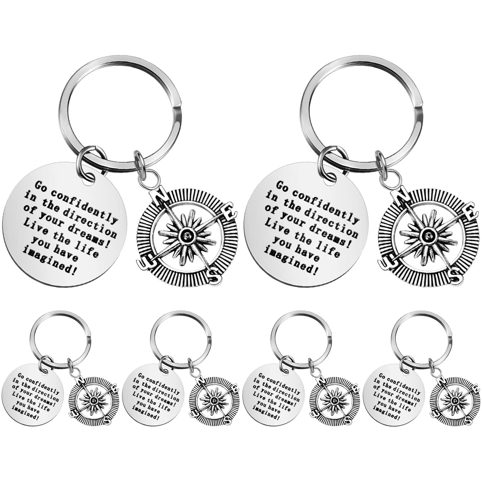 Junkin 6 Pcs Inspirational Keychains Gift, Inspirational Quotes, Go Confidently in the Direction of Your Dreams Compass Key Chain for Employee Appreciation Encouragement Gifts