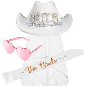 janmercy the bride white cowgirl hat with veil bachelorette party white satin sash rimless heart shape sunglasses wedding party supplies