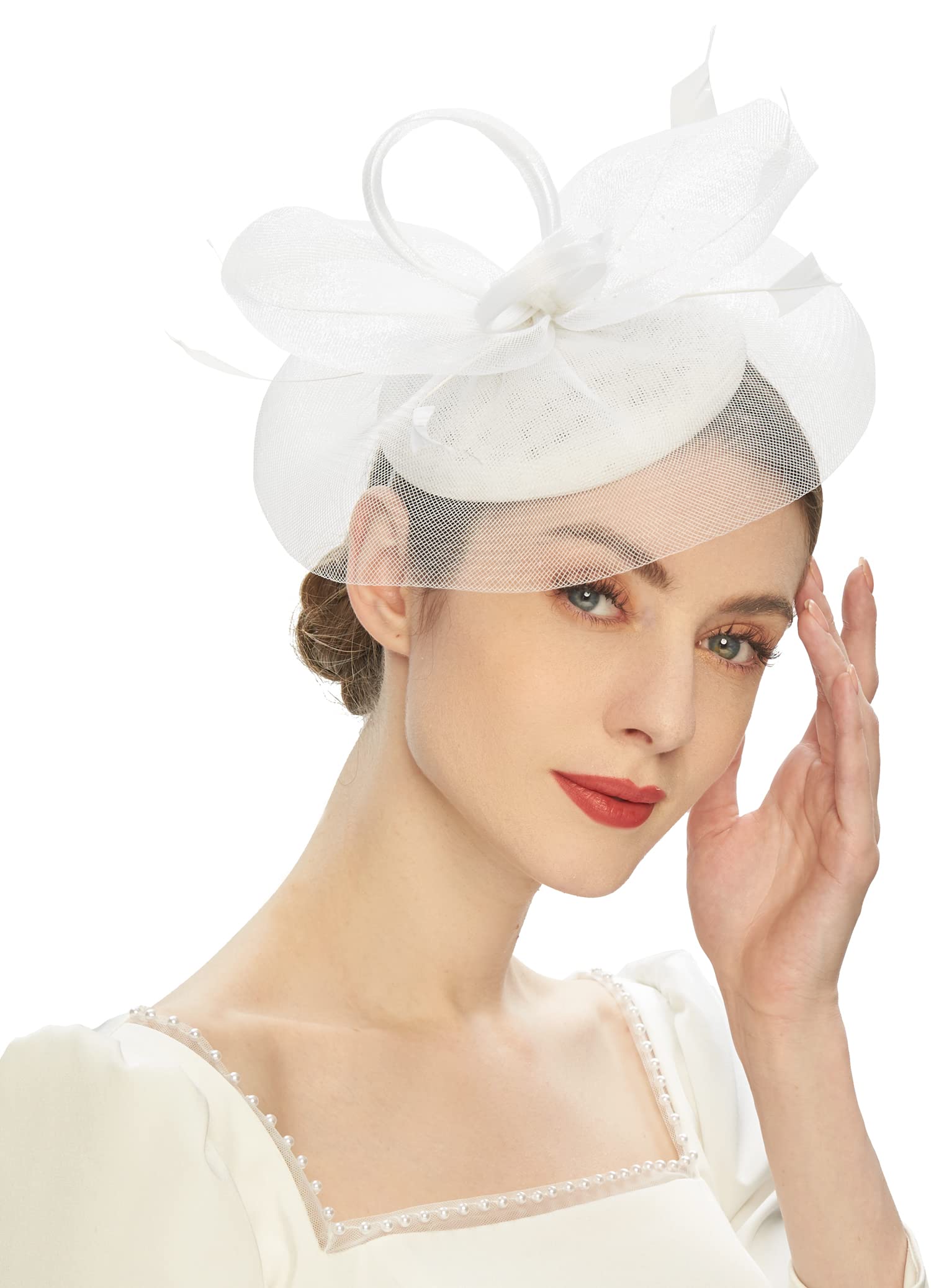 Cizoe Tea Party Fascinator Kentucky Derby Hat Fascinator Pillbox Hat Headband for Cocktail(A-white