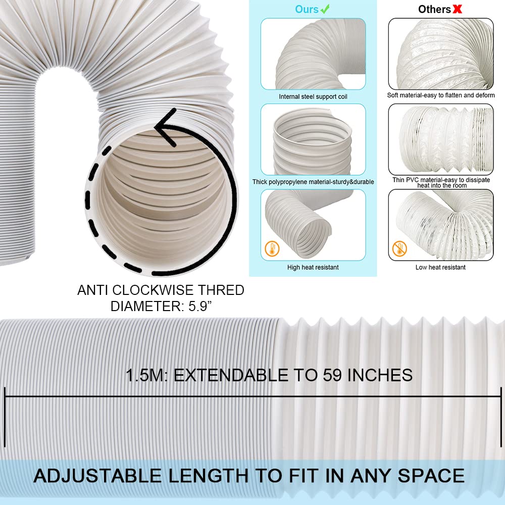 HOXHA Portable Air Conditioner Hose with Coupler 5.9 Inch Anti-Clockwise Thread AC Exhaust Vent Duct Hose Universal AC Tube Hose Kit Parts Accessories, 59" Length, Hose/Coupler