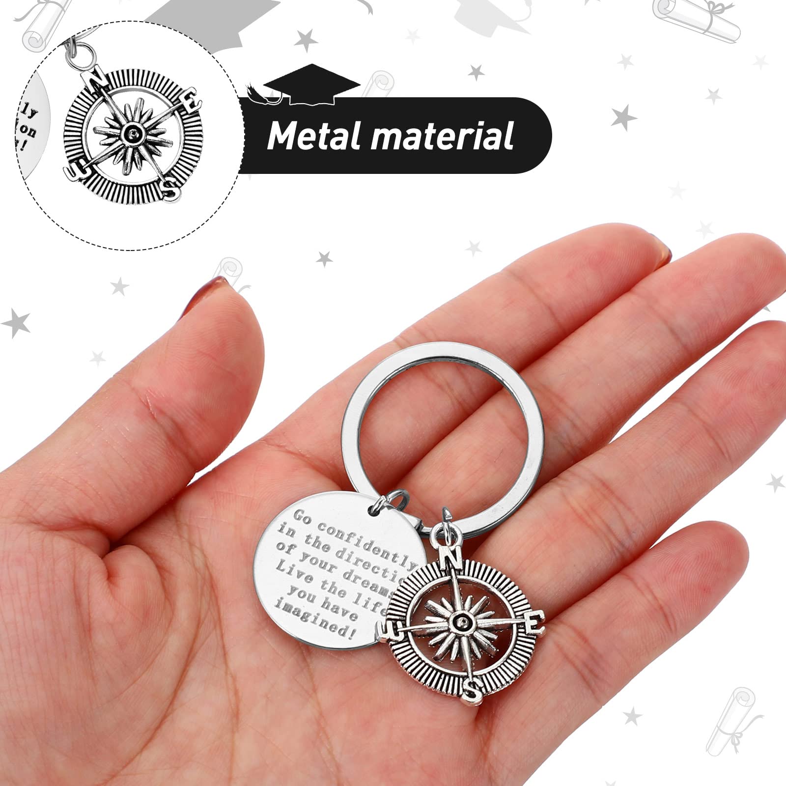 Junkin 6 Pcs Inspirational Keychains Gift, Inspirational Quotes, Go Confidently in the Direction of Your Dreams Compass Key Chain for Employee Appreciation Encouragement Gifts