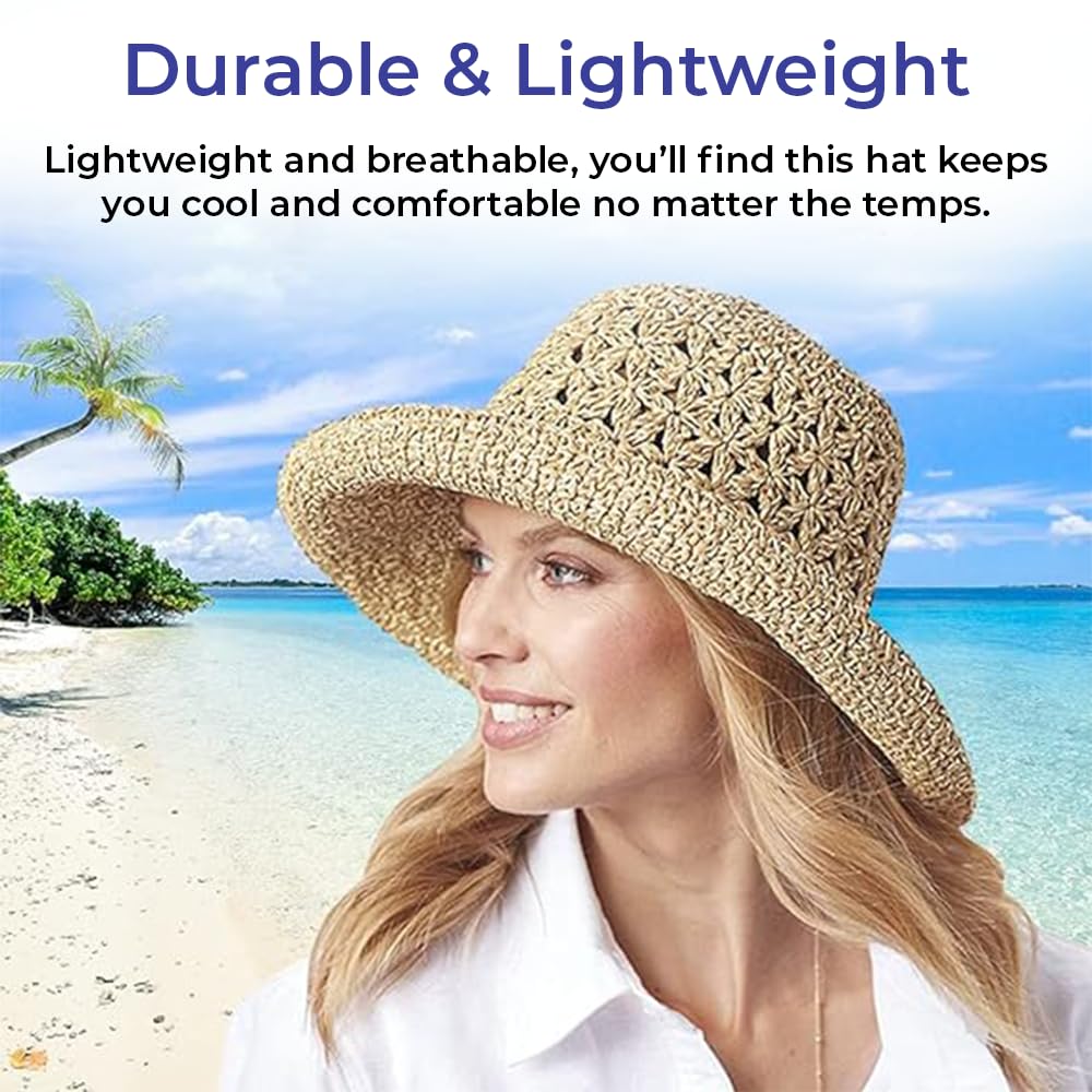 SAGEFINDS Packable Straw Hat for Women | Wide Floppy Brim Beach Cap | Foldable for Travel | Sun Protection | Summer Hat | Adjustable Interior Sizing | Large Khaki