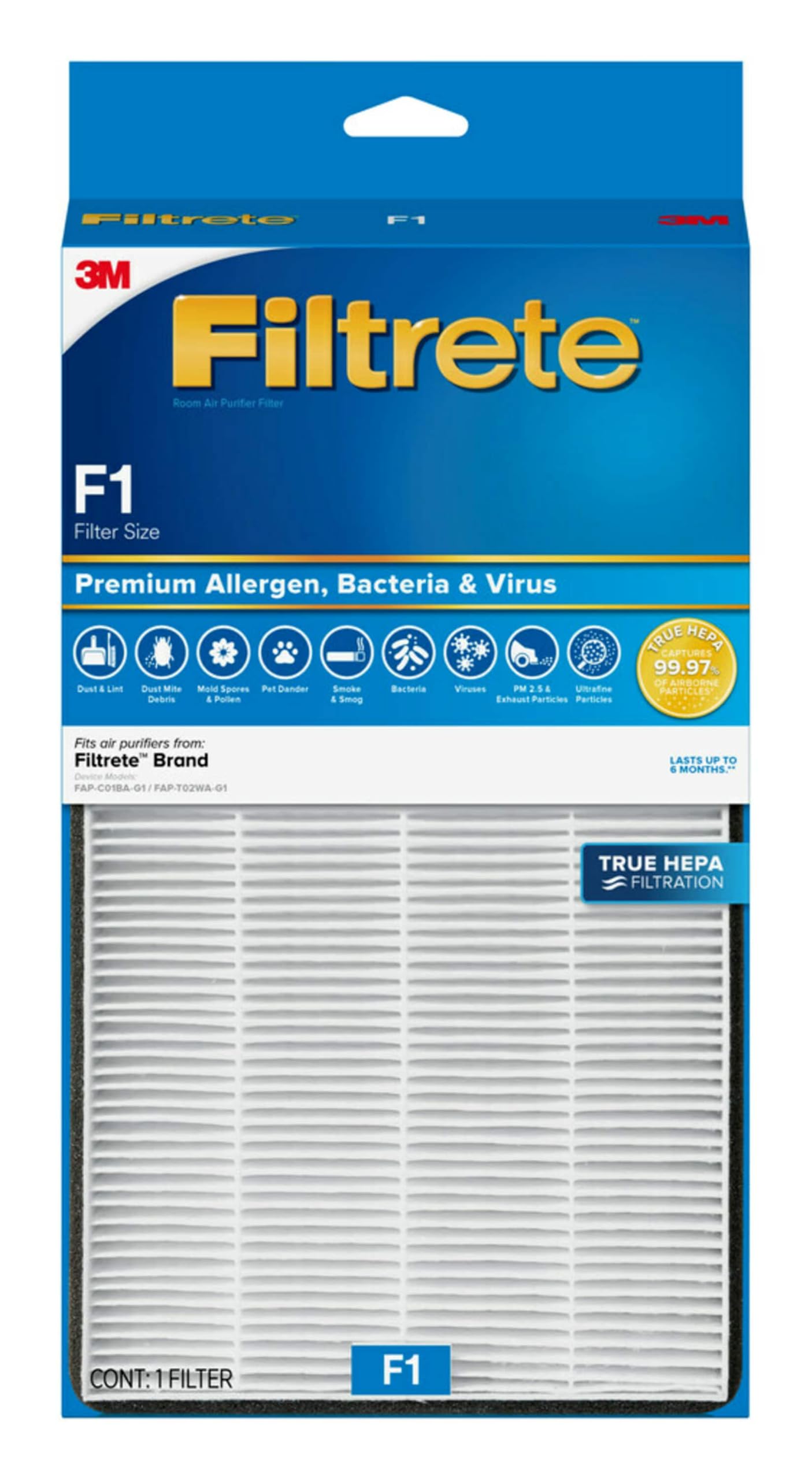 Filtrete F1 Room Air Purifier Filter, True HEPA Premium Allergen, Bacteria, & Virus, 12 in. x 6.75 in., 4-Pack, Works with Devices: FAP-C01BA-G1, FAP-T02WA-G1 and FAP-ST02N