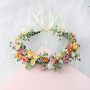 Love Sweety Greenery Flower Headband BOHO Leaf Hair Wreath Bridal Wedding Headpiece Maternity Floral Crown(White Pink Orange)