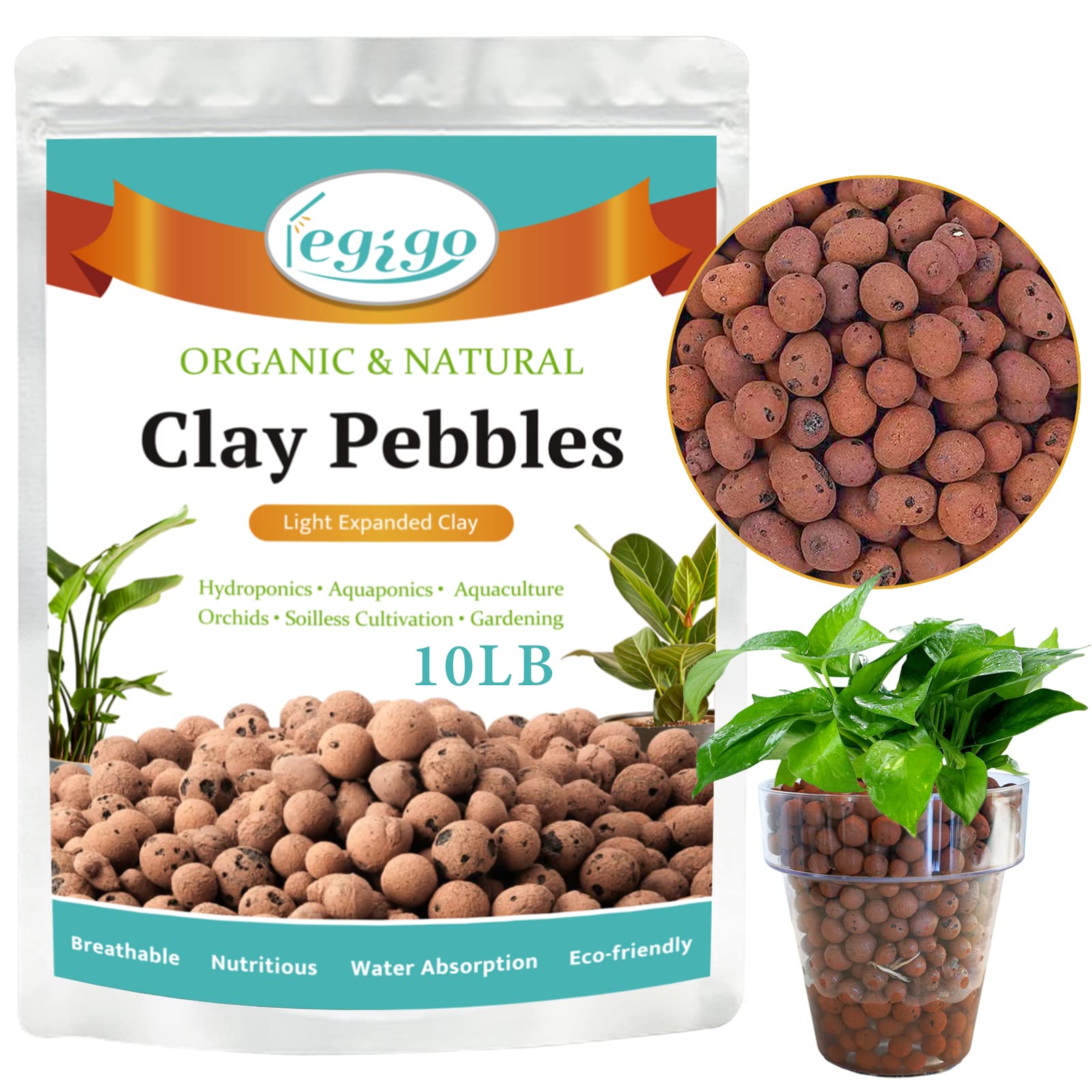 Legigo 10 LBS Organic Expanded Clay Pebbles, 4mm-16mm Lightweight Clay Leca Balls for Plants, Natural Hydroton Clay Pebbles for Hydroponic & Aquaponics Growing, Orchid Potting Mix, Drainage, Terrarium