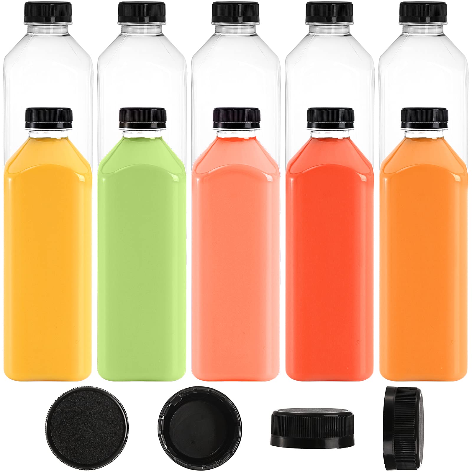 Cedilis 10 Pack 33oz Plastic Juice Bottles with Black Cap, Clear Reusable Containers with Lids, Great Disposable Bottles for Making Juice, Milk, Salad Dressing, Smoothie and Other Beverages