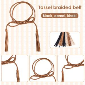 Yolev 3 Pieces Skinny Tassel Belts for Women Dresses Braided Waist Belt Woven Tassel Chain Belt Rope Belt for Skirt Dress