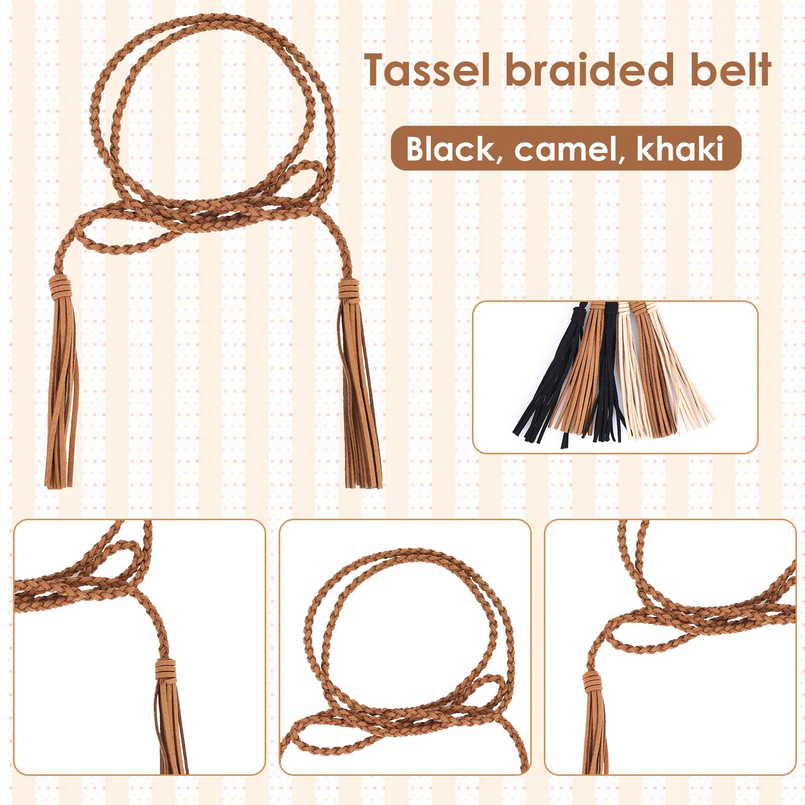 Yolev 3 Pieces Skinny Tassel Belts for Women Dresses Braided Waist Belt Woven Tassel Chain Belt Rope Belt for Skirt Dress