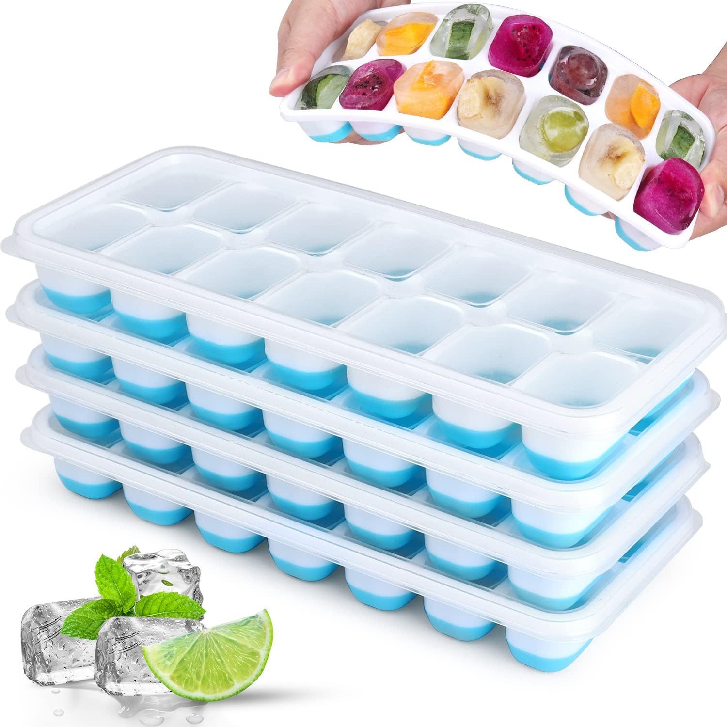 Silicone Ice Cube Tray, Jrisbo 4 Pack Easy-Release & Flexible 14-Ice Cube Trays with Spill-Resistant Removable Lid, Stackable Ice Trays with Covers for Freezer, Cocktail (Blue)