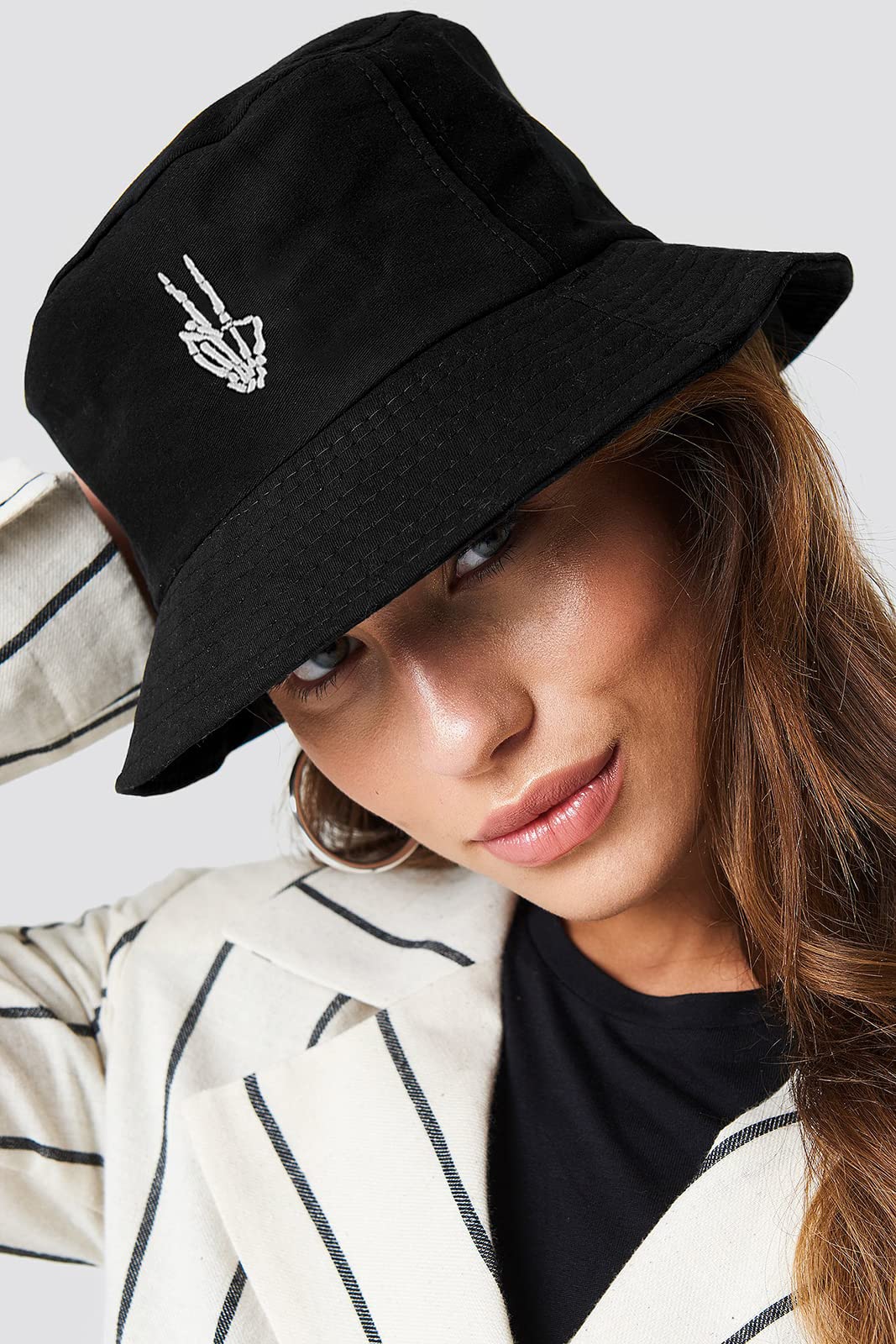 XYIYI Skull Finger Black Embroidery Bucket Hat Cotton Beach Fisherman Hats for Women Girls