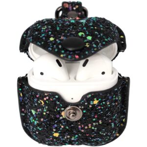 ONGHSD Bling Shiny PU Leather Carrying Case for AirPods 1 & 2 Charging Case Cover Women Girls Protective Case Glitter with Sequins Pocket Pouch for AirPods 1st 2nd Generation Case (Black)