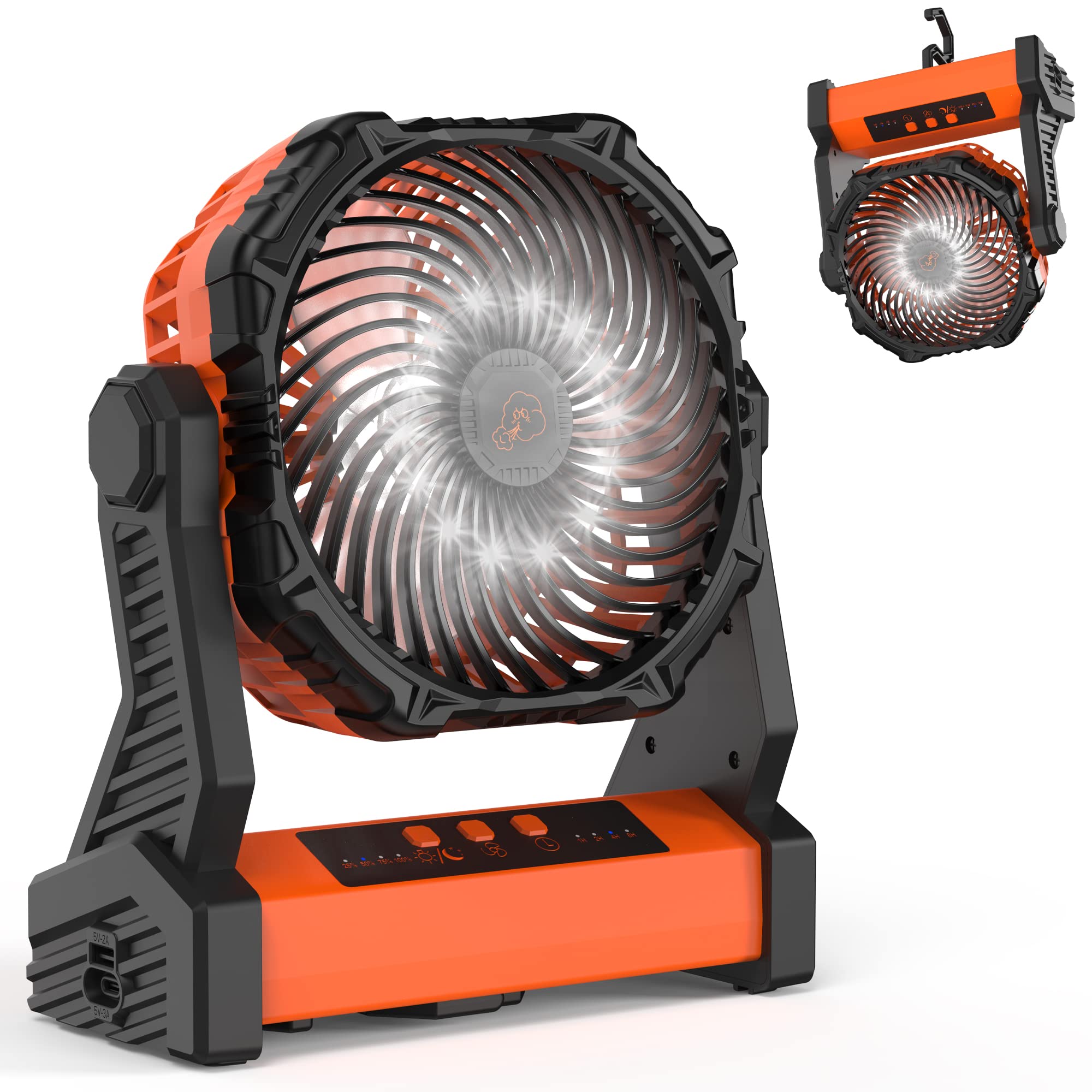 Camping Fan with LED Lantern, 10000mAh Rechargeable Battery Operated Outdoor Tent Fan with Light & Hook, 270° Pivot, 3 Speeds, Personal USB Desk Fan for Camping, Power Outage, Hurricane, Jobsite