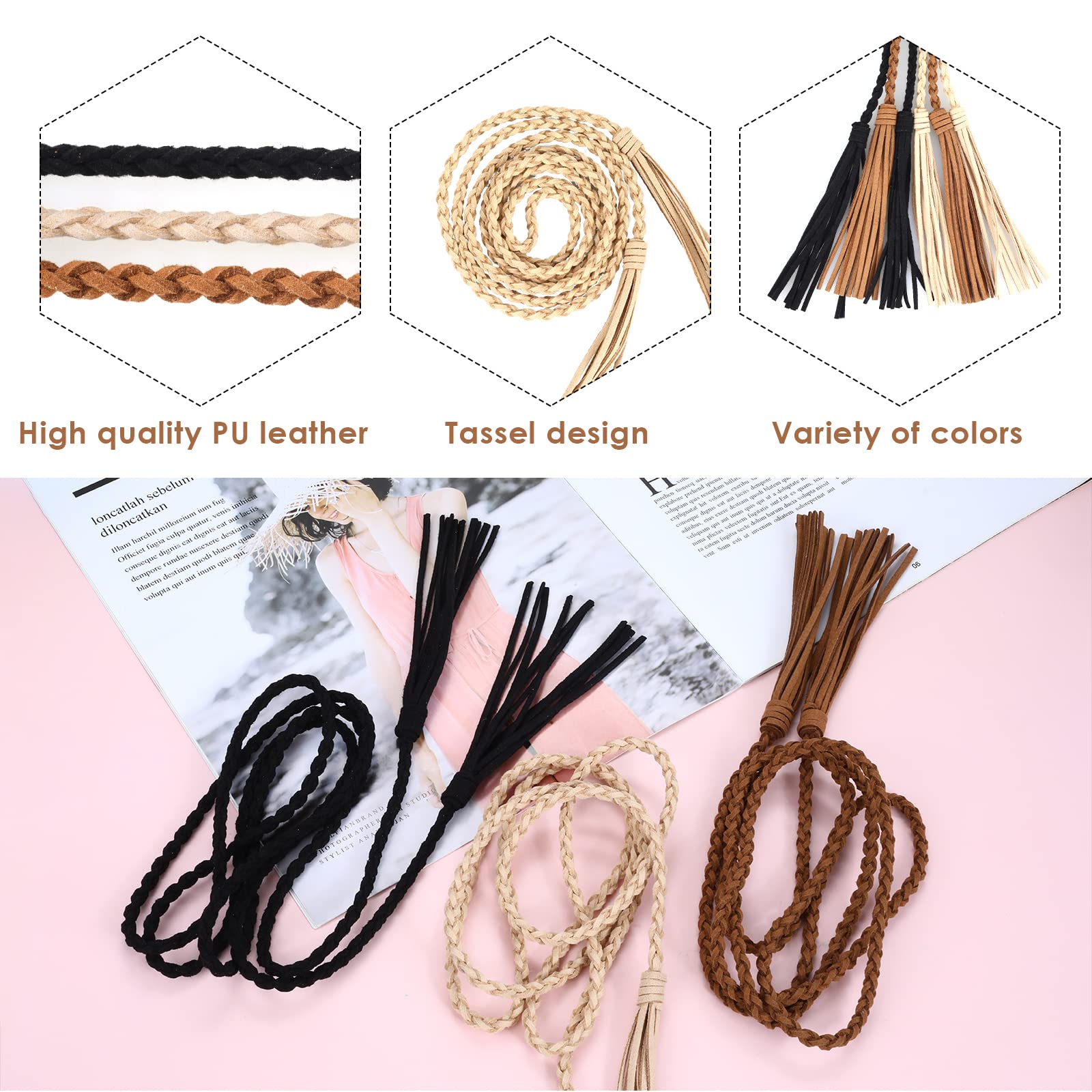 Yolev 3 Pieces Skinny Tassel Belts for Women Dresses Braided Waist Belt Woven Tassel Chain Belt Rope Belt for Skirt Dress