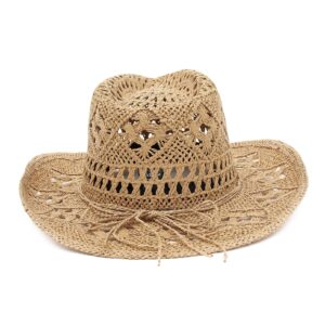 GEMVIE Men & Women's Summer Cowboy Cowgirl Straw Hat Hollow Out Style Roll Up Brim Cowboy Sun Hat Coffee