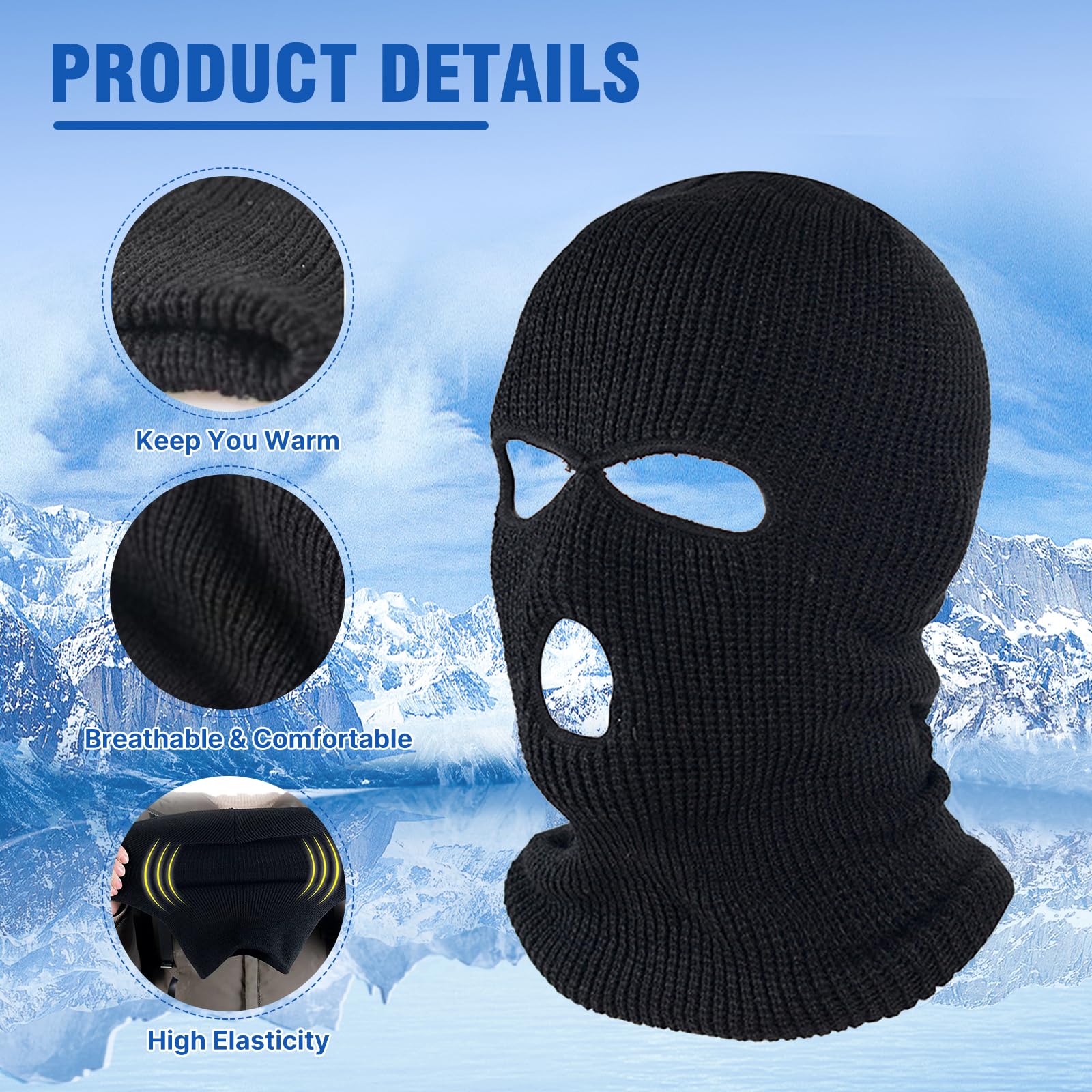 3 Hole Winter Knitted Mask, Outdoor Sports Full Face Cover Ski Mask Warm Knit Balaclava for Adult